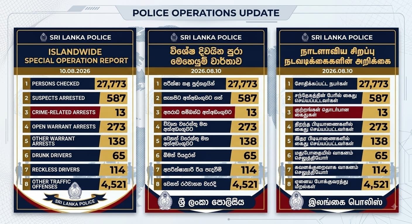 🚨 இலங்கை பொலிஸ் - நாடளாவிய சிறப்பு நடவடிக்கைகள் பற்றிய அறிக்கை (2026.08.10)