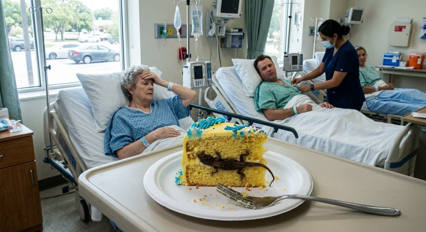 Dead Lizard Found in Cake, 11 Hospitalised